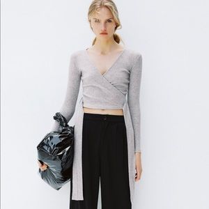 Zara Light Gray Wrap Crop Long Sleeve Top
